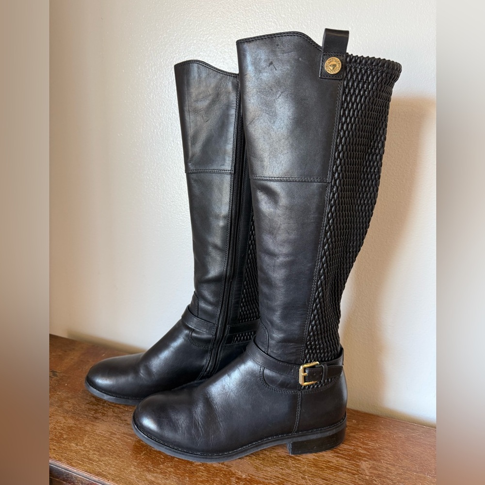 Cole Haan Black Leather Tall Riding Boots Knit Back Buckle Women’s Size 6B
